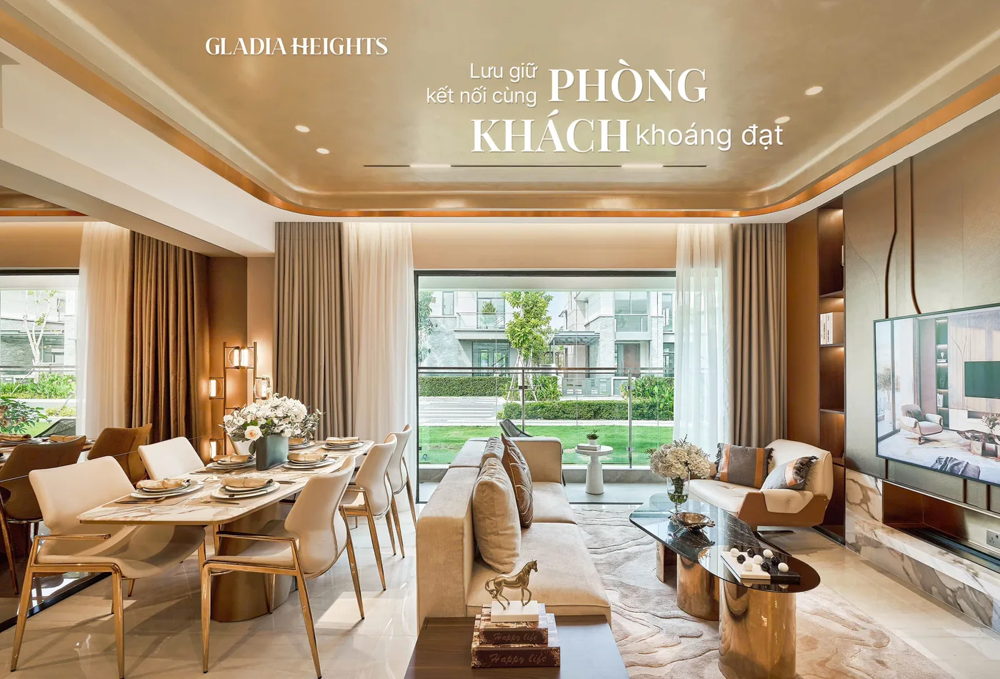 Phòng khách kết nối phòng ăn và bếp tại căn hộ mẫu Serene Spark