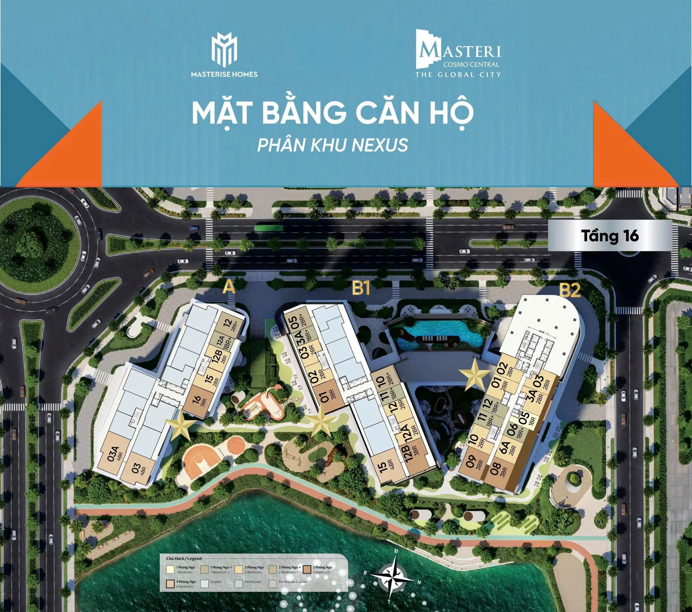 Sơ đồ mặt bằng căn hộ phân khu Nexus tầng 16 với 3 tòa A, B1, B2