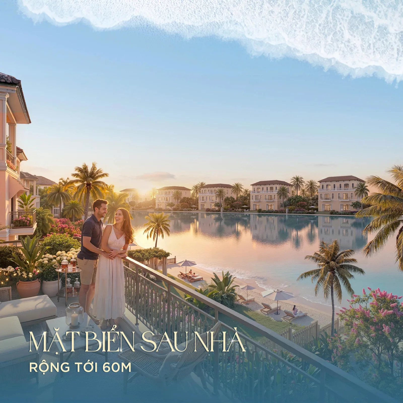 Phối cảnh minh họa ban công biệt thự Lagoonia Emerald Cove hướng mặt biển sau nhà