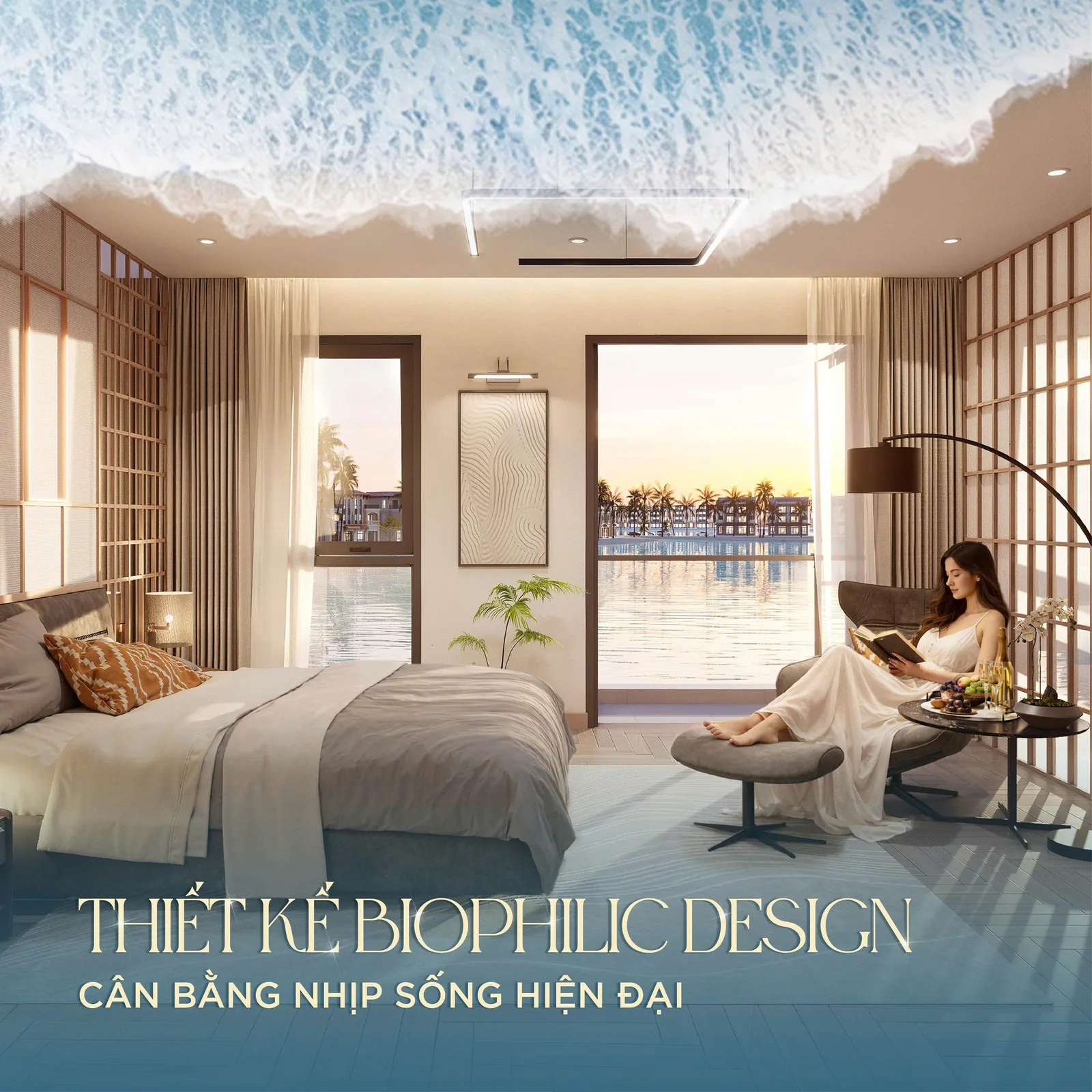 Phối cảnh minh họa phòng ngủ biệt thự Lagoonia Emerald Cove hướng view mặt nước